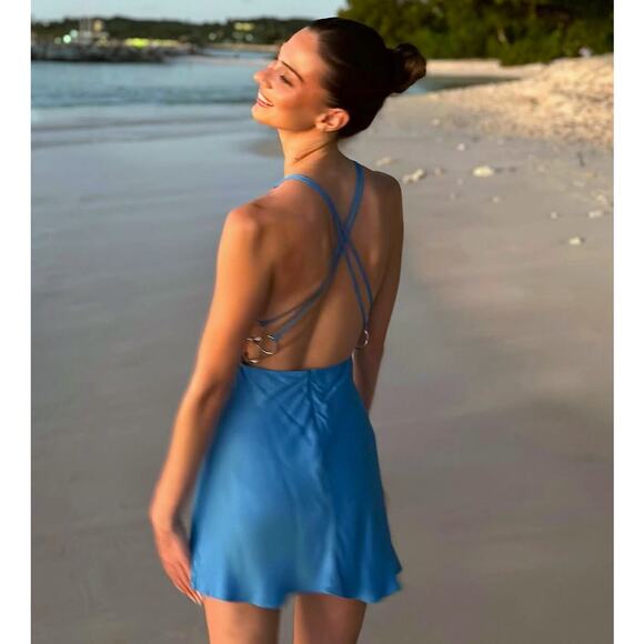 ZARA Blue Halter Mini Dress NWT | Blogger Fave Satin Ring Detail - Picture 10 of 16